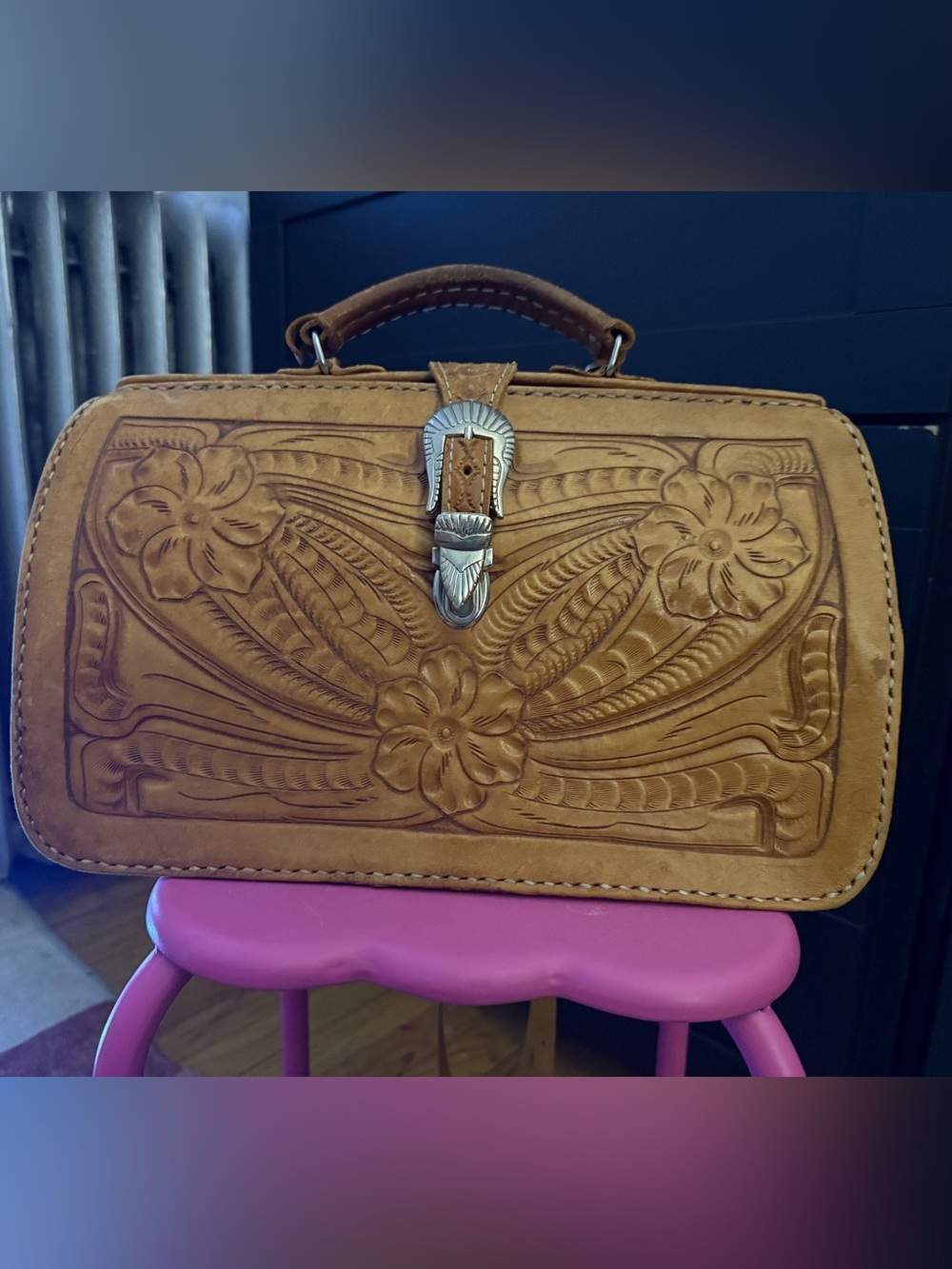 Rare Leaders in Leather Vintage Hand Tooled Floral Satchel Wide Mouth Doctor Bag